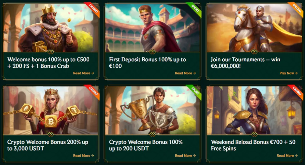 Bonus de dépôt Casinia incluant un package de bienvenue et une offre de roue de bonus.
