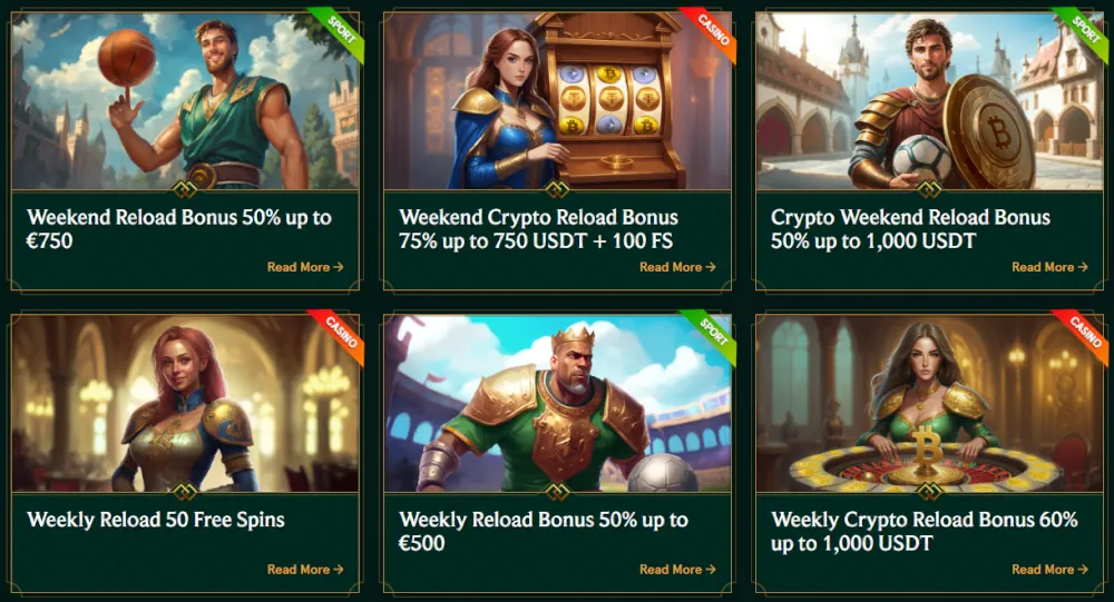 Bannières promotionnelles Casinia pour le cashback hebdomadaire et le rakeback instantané.